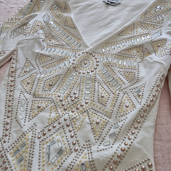 bebe Dresses & Skirts - bebe White Long Sleeve Dress with Gold and Silver Embellishments